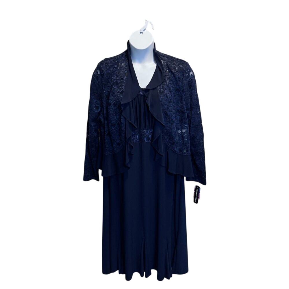 NWT R&M Richards 22W Navy Blue  Sequin Accents 2-Piece Lace Jacket Dress Set
